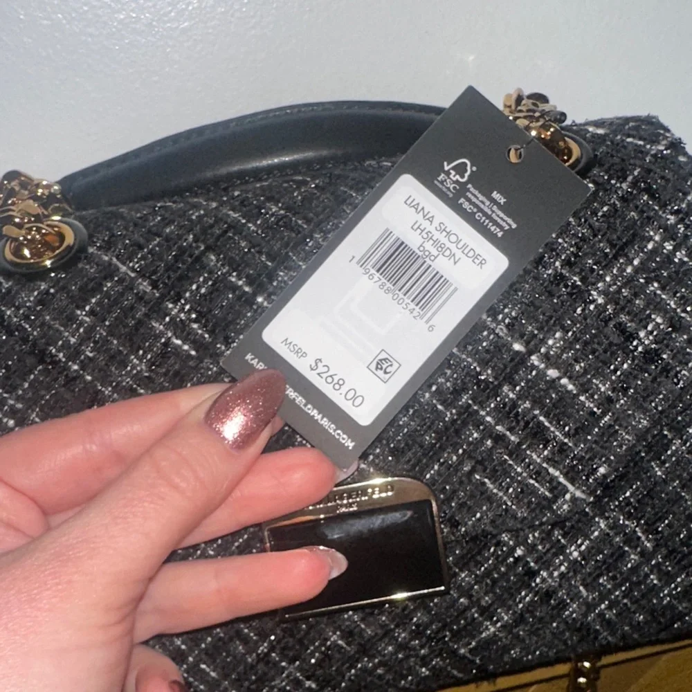 Karl Lagerfeld Black and Gold Tweed Shoulder Bag NWT - Picture 4 of 6